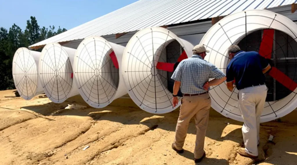 dos hombres instalando ventiladores para granjas en una explotacion avicola