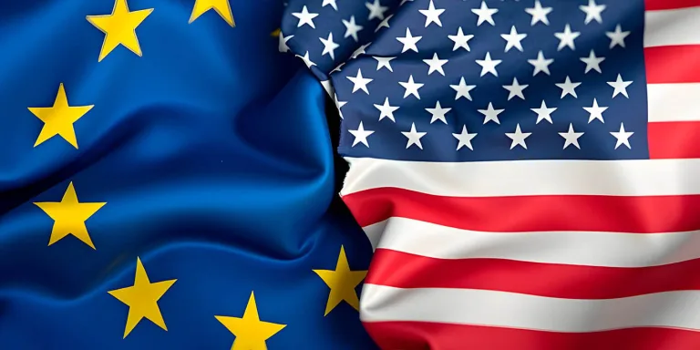 Representación gráfica de aranceles y comercio entre la Unión Europea y Estados Unidos, con símbolos de dólar y euro, y figuras de trabajadores y empresarios.